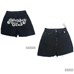 Pacsun x Playboy Womens Black High Waisted Jean Shorts Cutoffs Embroidered Sz 25